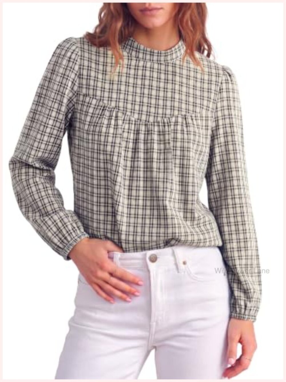 Flowy Babydoll Blouse with Gathered Bust Yoke, Long Sleeve, Gingham Print,